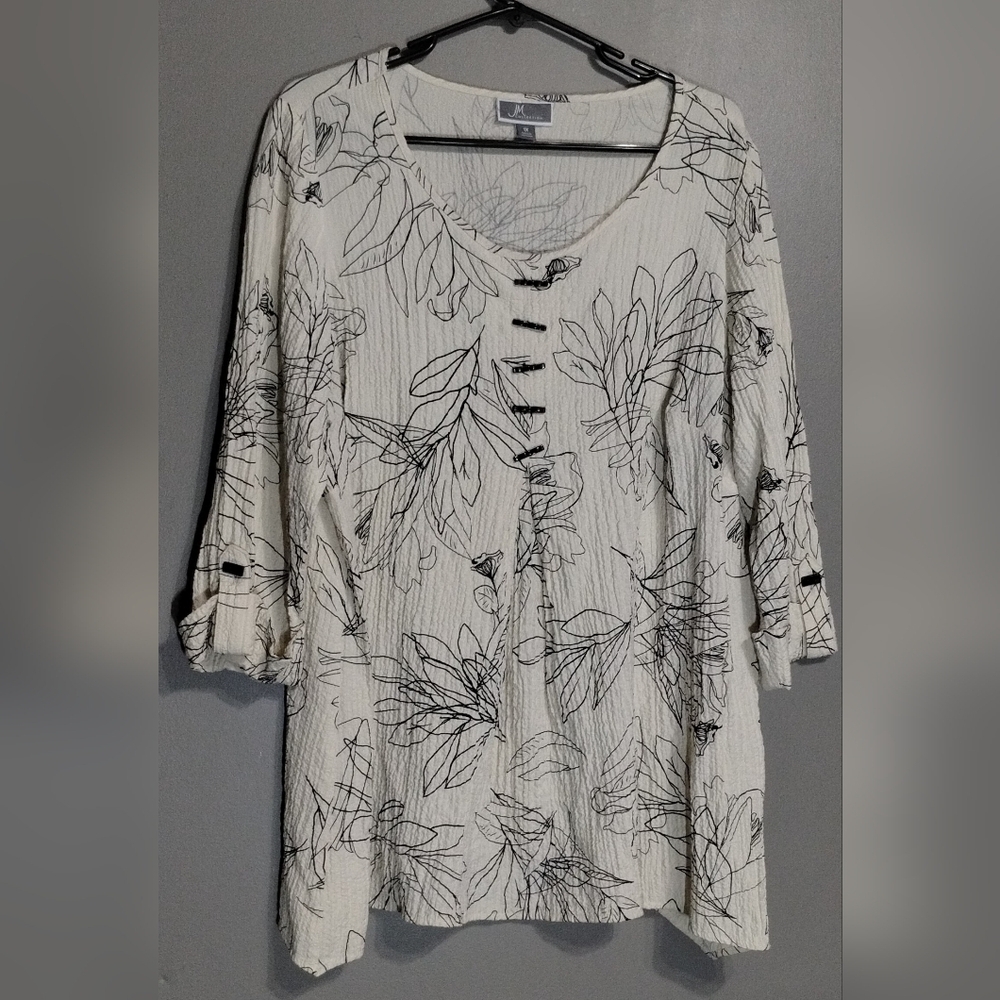 JM Collection Women's 3/4 Sleeve Blouse Beige Black Size (1X) Woven Dressing